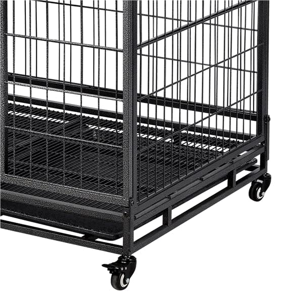 38" Dog Cage with Wheels and Removable PVC Plastic Tray, Portable Sturdy Kennel House with 2 Door and Metal Frame