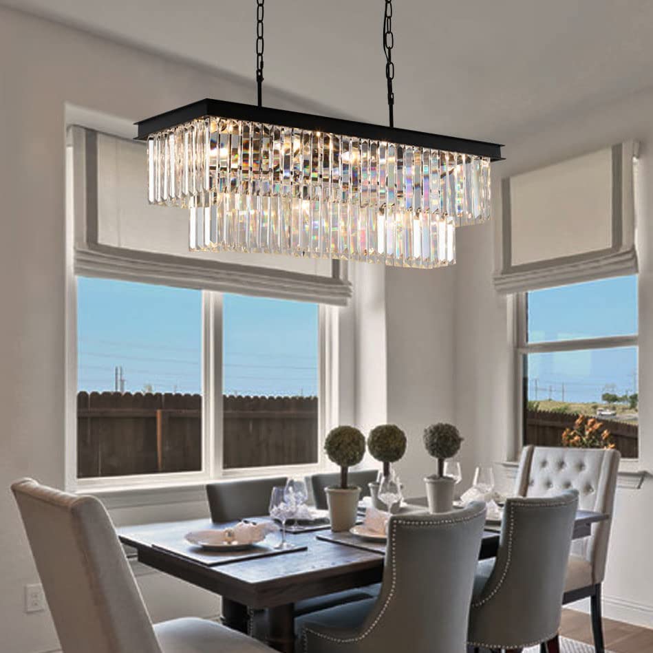 Modern Crystal Chandelier 8 Lights Black Ceiling Light L86xW35cm Luxury Crystal Pendant Lights Fixture 3 Colors Island Light Linear Chandeliers for Dining Room Living Room Kitchen Bulbs Included