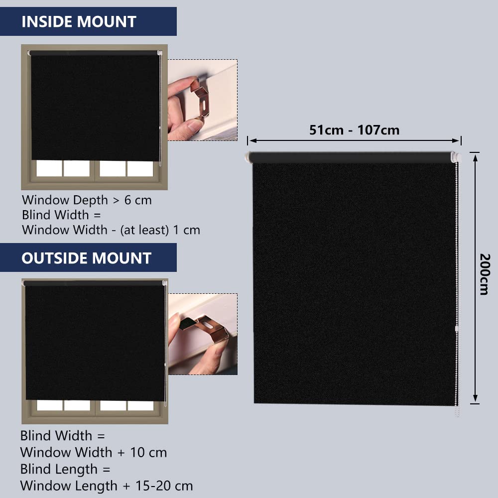 Blackout Roller Blinds for Windows, Thermal Fabric Window Blinds, Waterproof Roller Blinds for Office, Bedroom, Bathroom, 51 x 200 cm, Black