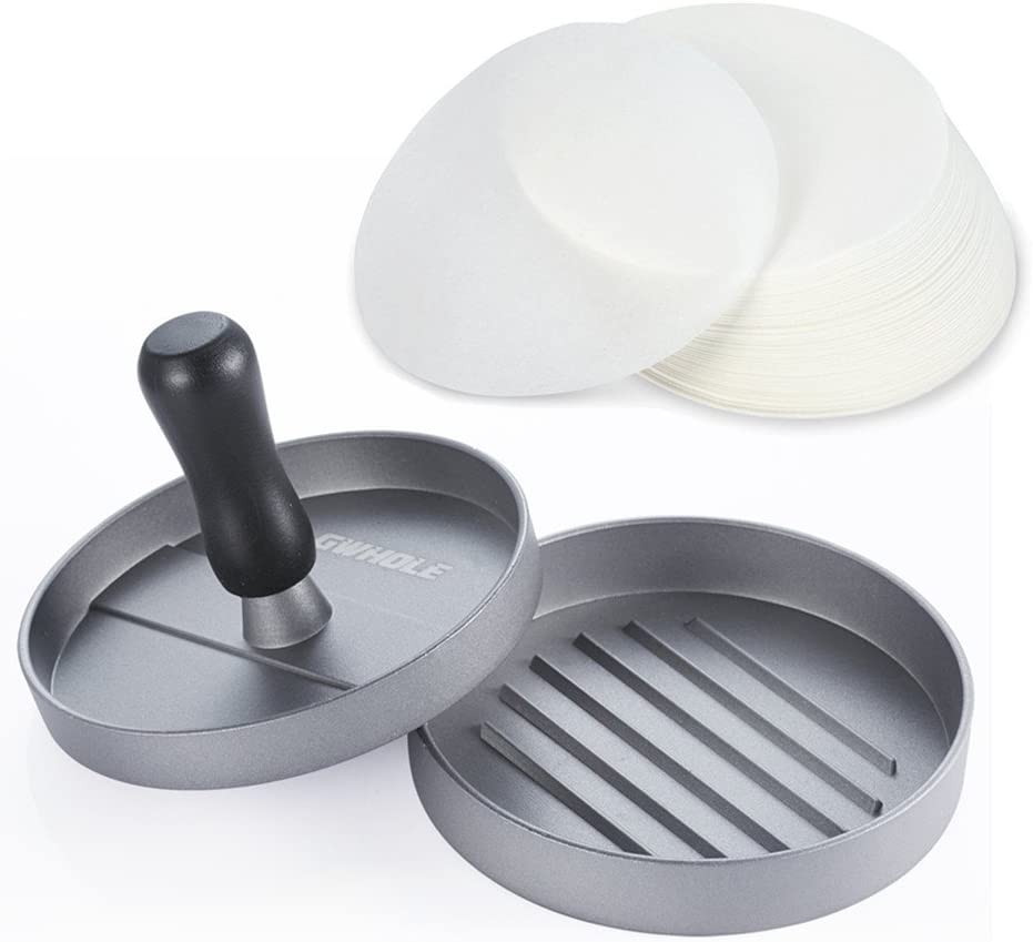 Burger Press, Non-Stick Burger Press Aluminum Hamburger Patty Maker with 100 Wax Papers for BBQ Grill