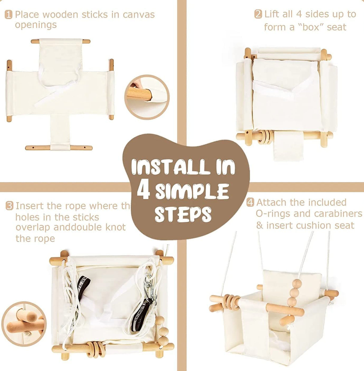 Baby Swing, Baby Seat Swing Canvas, Wooden Hanging Swing Chair for Baby with Safety Belt and Mounting Hardware (White)