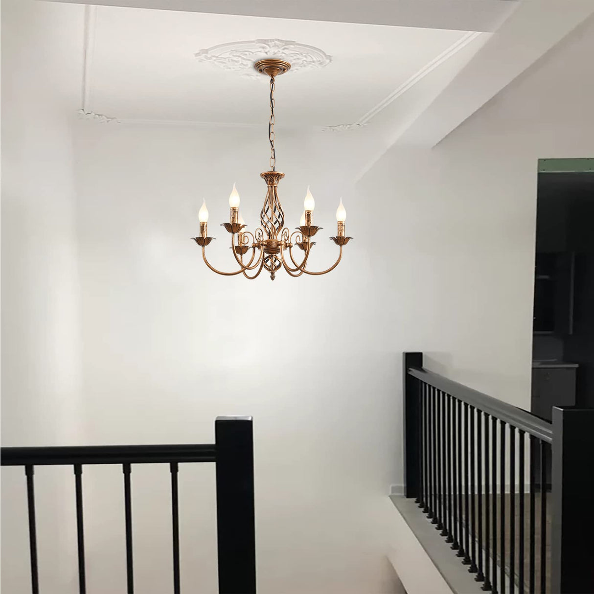 French Country Chandelier, Rustic 6 Light Bronze French Country Pendant Light Fixture, Vintage Metal Chandelier for Dining Room Kitchen Living Room Bedroom Hallway, E14 Base