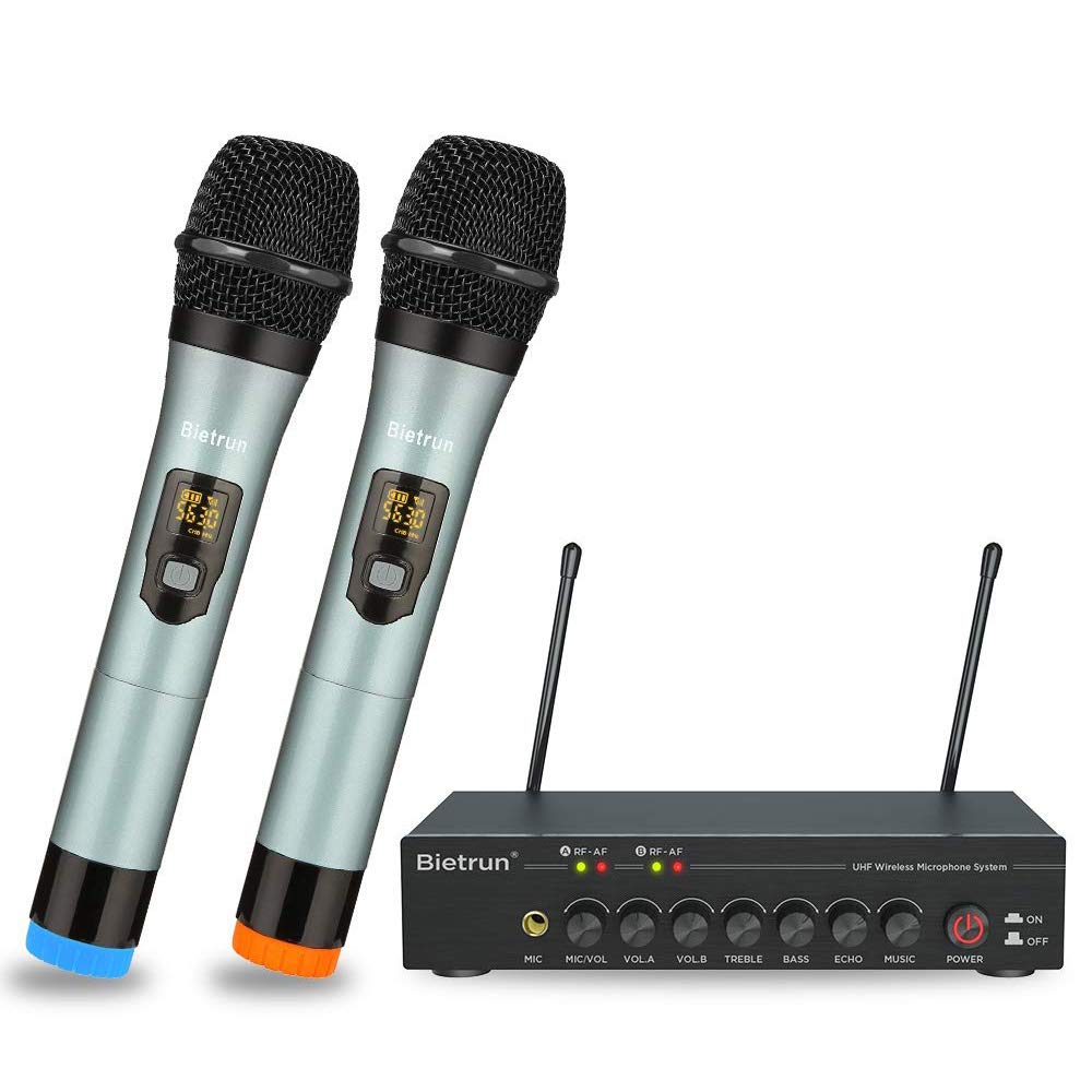 Wireless Microphones with Echo, Easy-to-Use, Auto Connect, 160 ft Range, 1/8''ļ¼1/4''Output, UHF Dual Channel Cordless Handheld Dynamic Mics System for Church,Wedding, Karaoke, Speech, Singing
