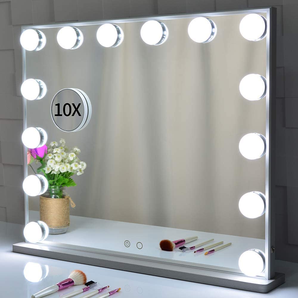 Hollywood Mirror, Large Lighted Vanity Makeup Mirror with Lights, 14pcs Led Bulbs Table top or Wall Mounted Dressing Table Beauty Mirror with A Magnetic 10x Magnifying Mirror (Silver)