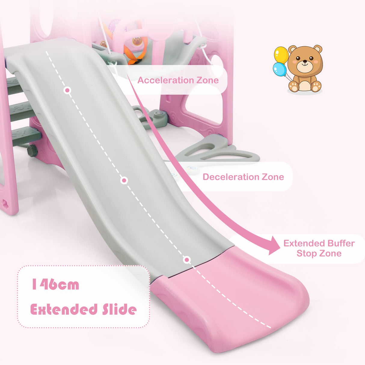 4 in 1 Toddler Slide and Swing Set, Kids Play Climber Slide Play set with Basketball Hoop, Extra Long Slide & Ball, Baby Swing Set for Indoor Outdoor Backyard (Pink)