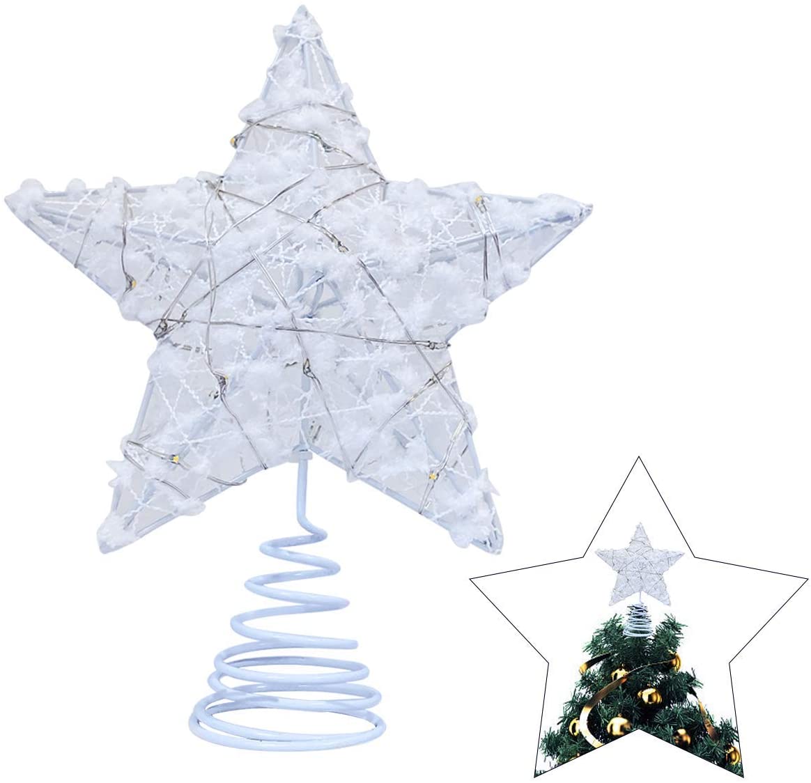 Metal Glittered Christmas Tree Topper Hallow Wire Star Topper for Christmas Tree Ornament (White)