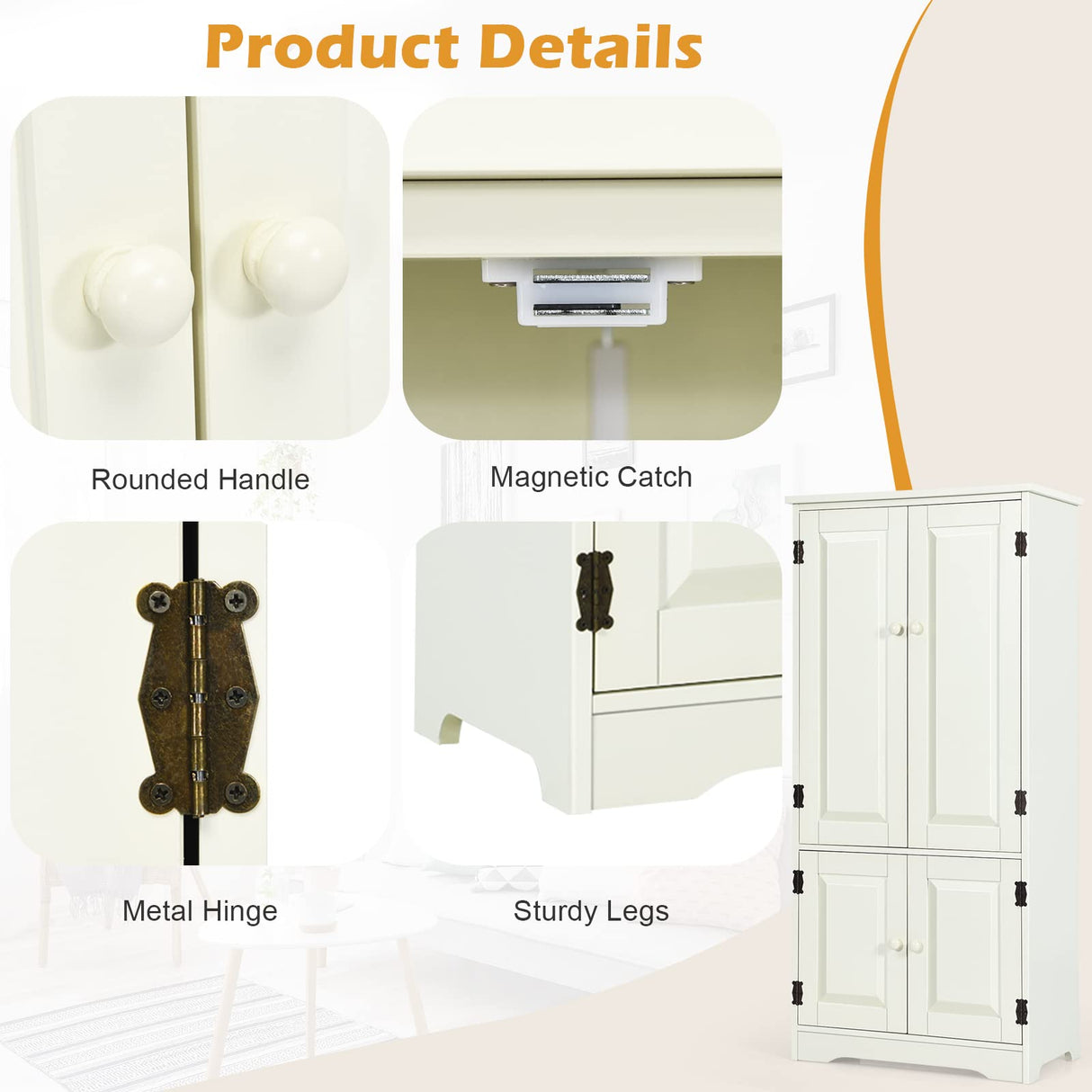 Freestanding Storage Cabinet, Antique Low Floor Cabinet, Pantry Cabinet Wooden Cupboard Organizer w/Adjustable Shelf & Anti-Tilt Design, for Living Room Bedroom Bathroom