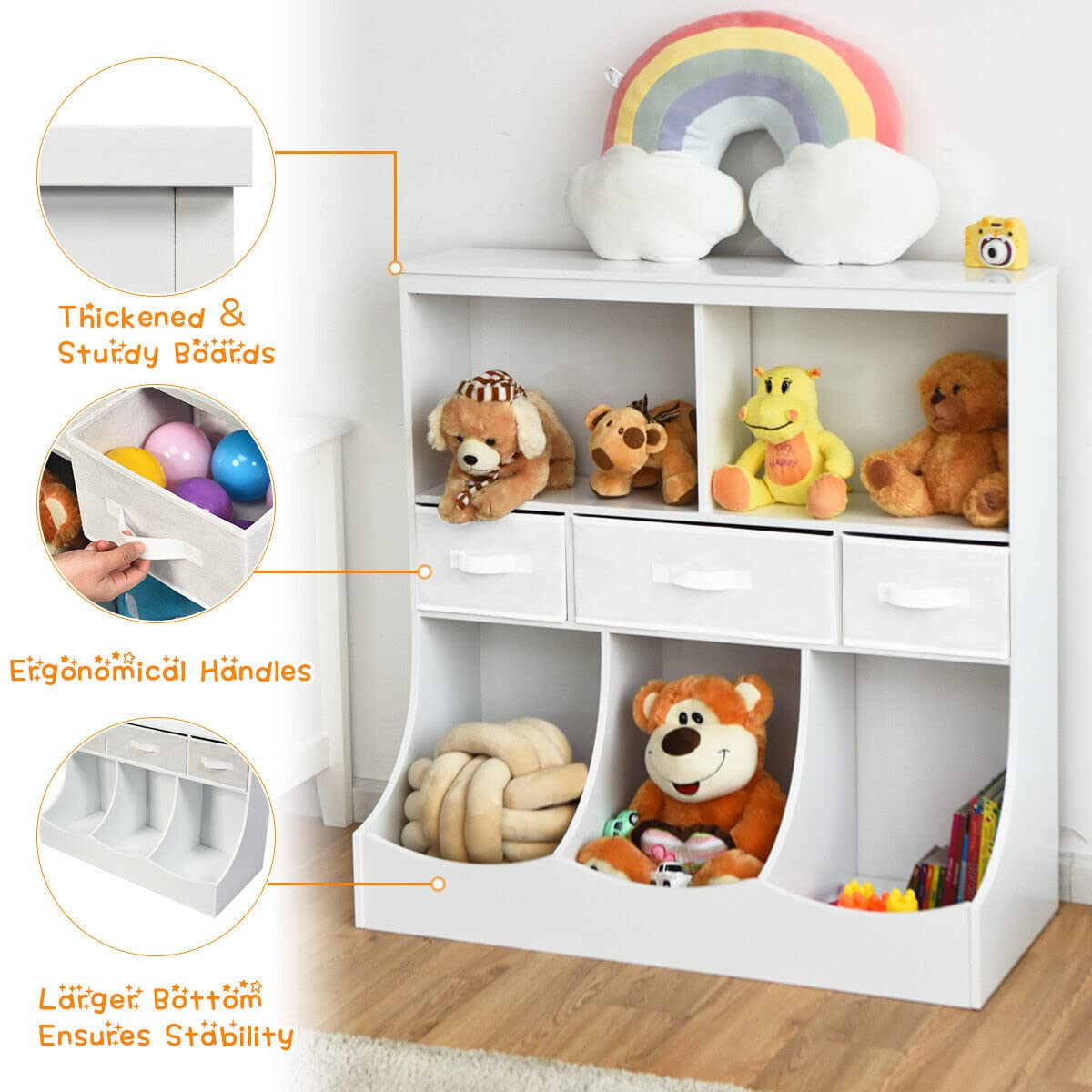 Kids Bookcase Cabinet, Storage Organizer for Toddlers w/2 Shelves, 3 Bins & 3 Removable Drawers, Kids Shelf Freestanding Storage Unit for Children’s Bedroom Playroom, Kindergarten (White)