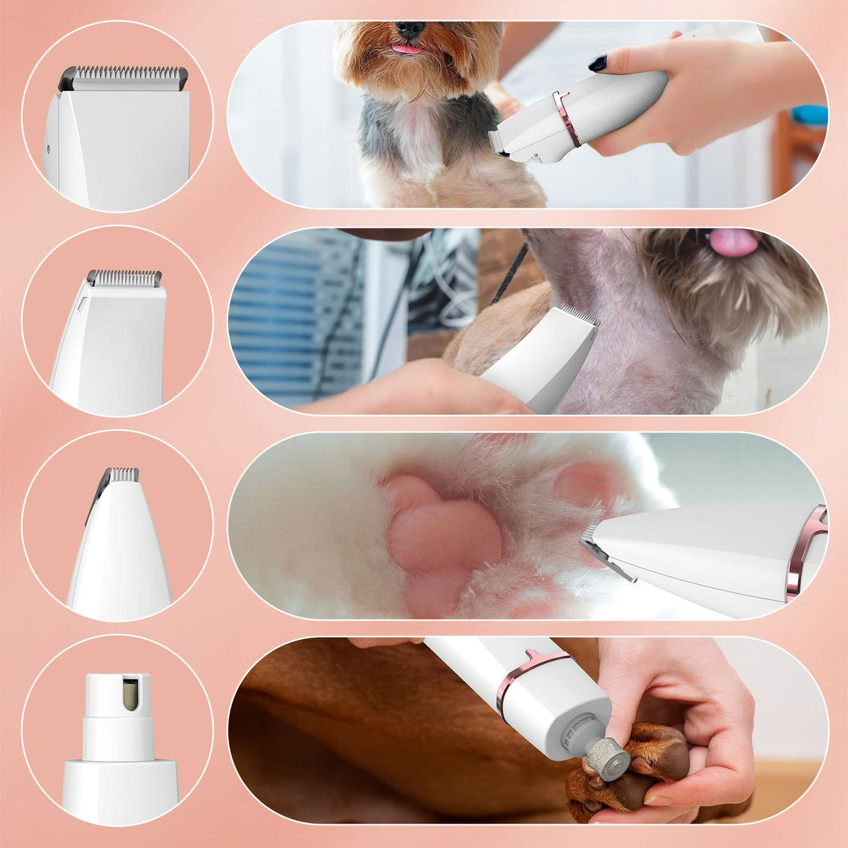 Dog Grooming Clippers kit, 4 in 1 Low Noise Pet Grooming Kit, Professional Dog Grooming Clippers, Rechargeable Cordless Dog Hair Clippers Dog Paw Trimmer Nail Grinder Trimmer for Small to Medium Pets Cat&Dog