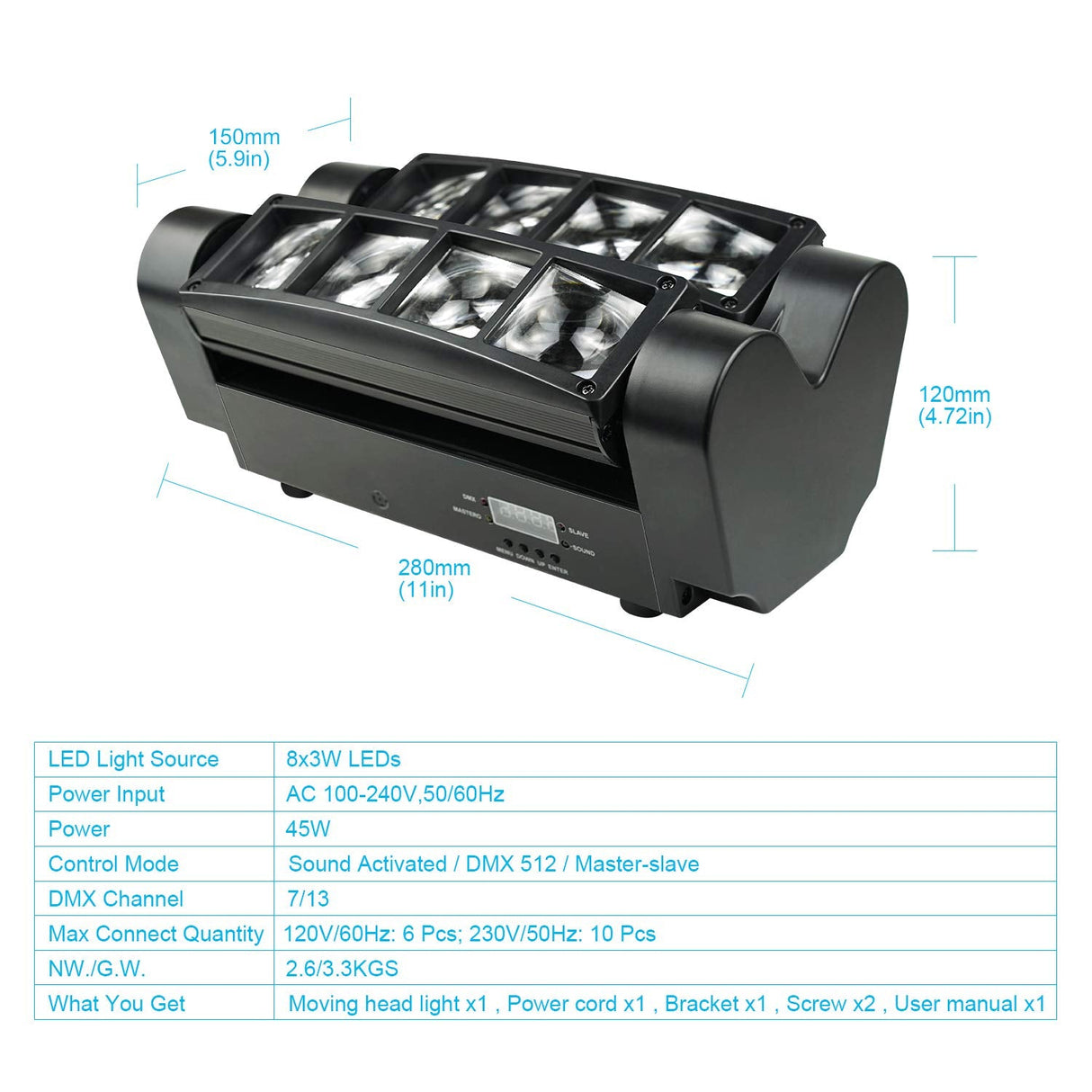 Party Lights DJ/Disco Lights, 8x3W Mini Spider Moving Head LED Beam Stage Light RGBW, Sound Activated/DMX-512 Control for Party, bar, Celebration, Concert, Club