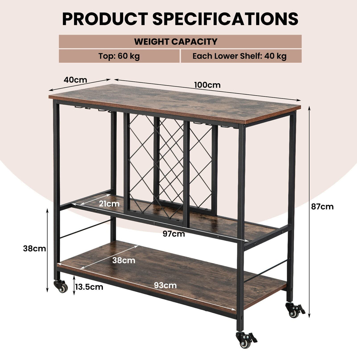 3-Tier Bar Wine Rack Table, Industrial Kitchen Island Cart with 8-Bottle Wine Rack & 4-Row Wine Glass Holders, Rolling Buffet Serving Cart for Dining Room, Living Room, Cafe, Rustic Brown