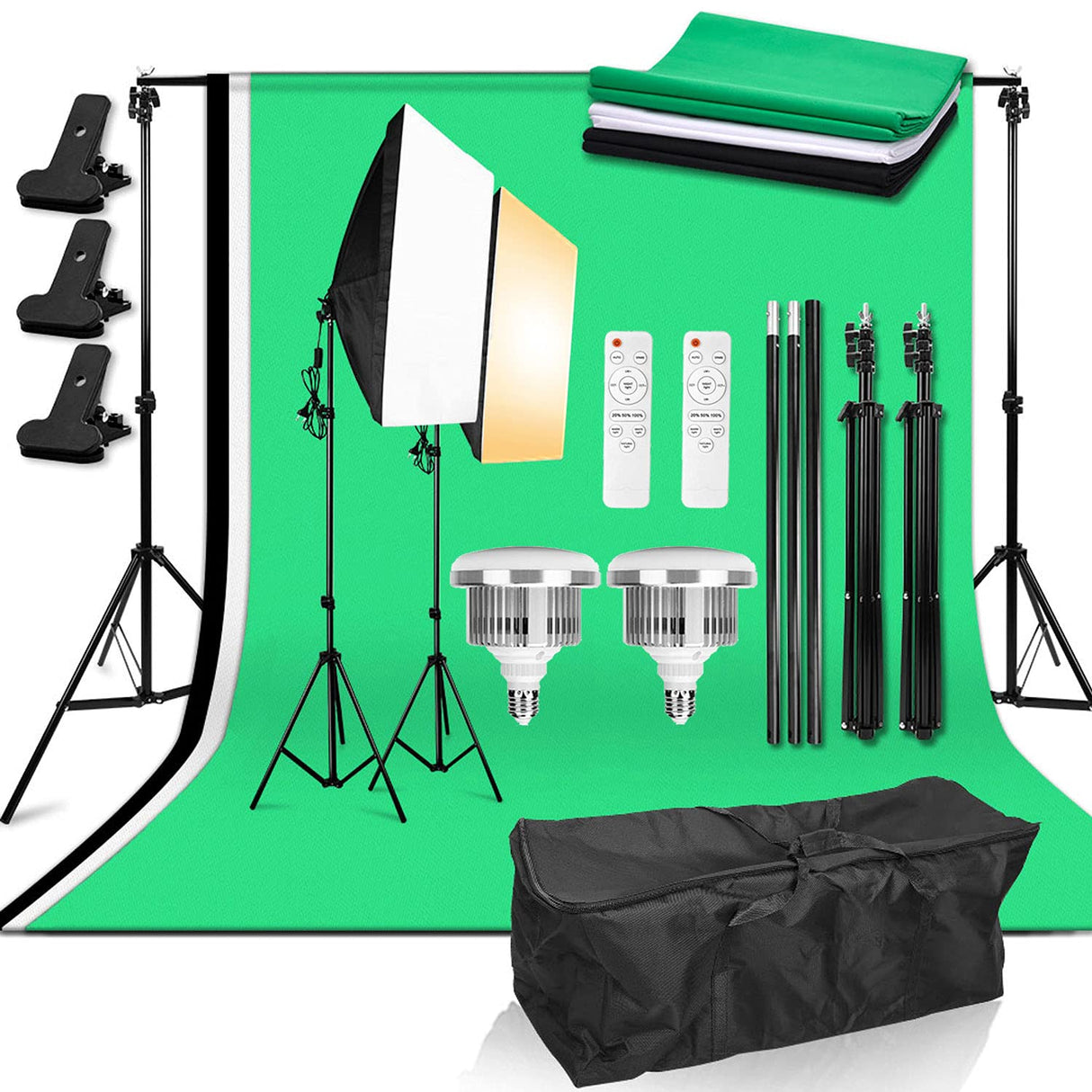 Photo Studio Background System + Bi-Color Dimmable 2X 85W Softbox Continuous Lighting Kit with Black White Gray Green Screen Backdrop Cloth for Portrait Product Photography Video Shooting