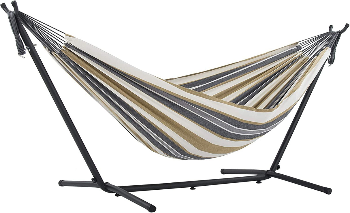 Double Cotton Hammock with Space Saving Steel Stand, Tropical (450 lb Capacity- Premium Carry Bag Included), Tropical with Charcoal Frame, 2 Person
