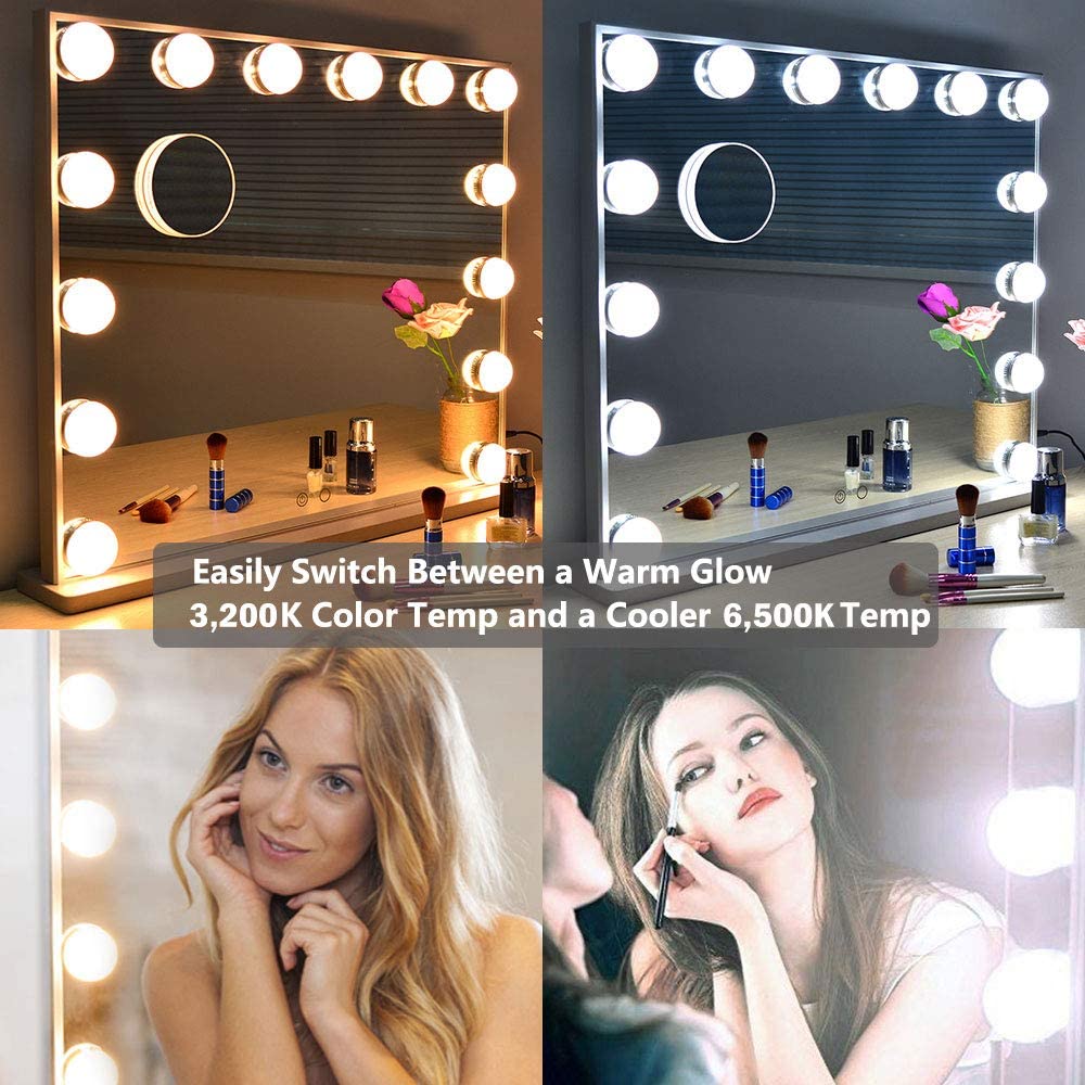 Hollywood Mirror, Large Lighted Vanity Makeup Mirror with Lights, 14pcs Led Bulbs Table top or Wall Mounted Dressing Table Beauty Mirror with A Magnetic 10x Magnifying Mirror (Silver)