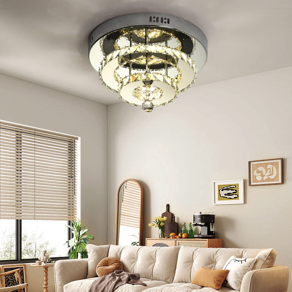 Crystal LED Ceiling Light, Ceiling Crystal Lamp Stainless Steel K9 Modern Flush Mount Lights Fixture 2 Layers Round Chandelier Ceiling Lamp for Dining Room Living Room Bedroom