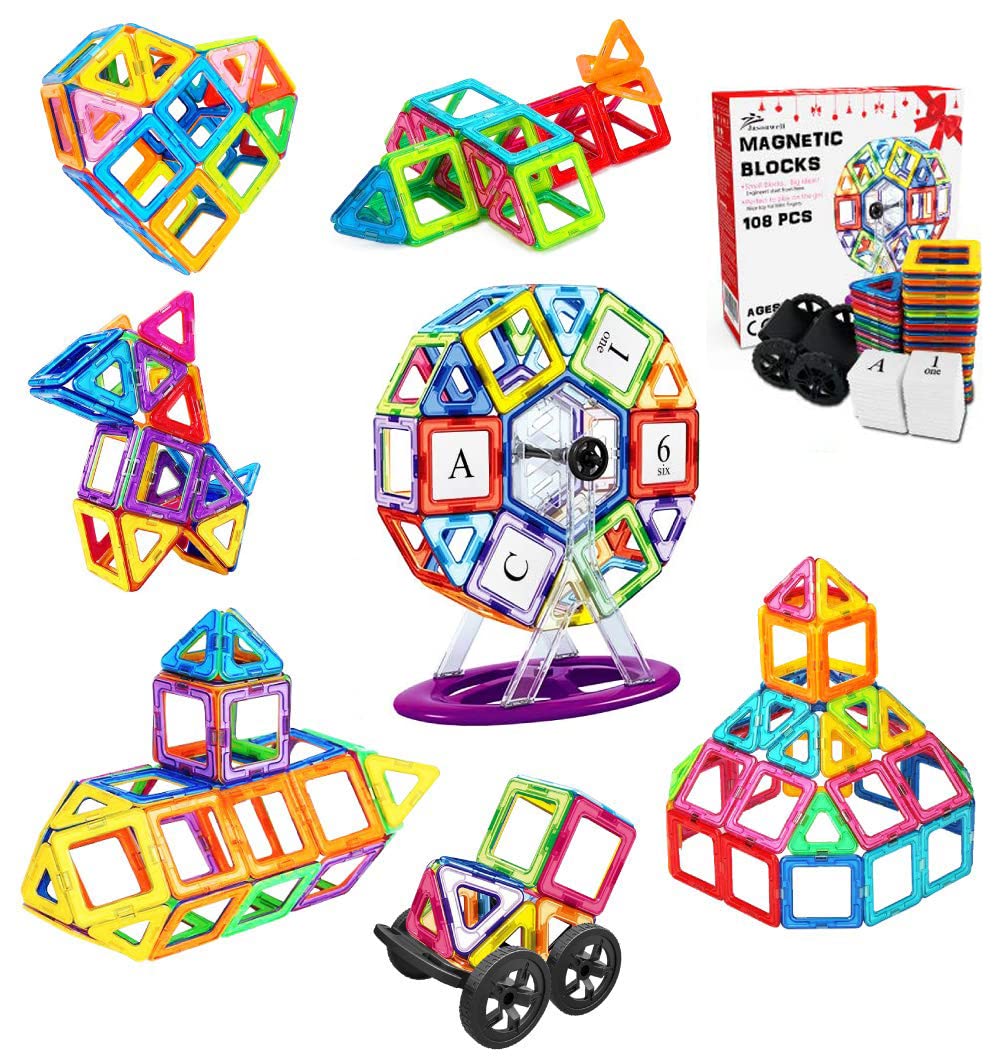 108pcs Magnetic Tiles Building Blocks Set, Preschool Educational Construction Kit DIY Creative 3D Magnetic Toys Best Boys Girls Kids Toddlers Children
