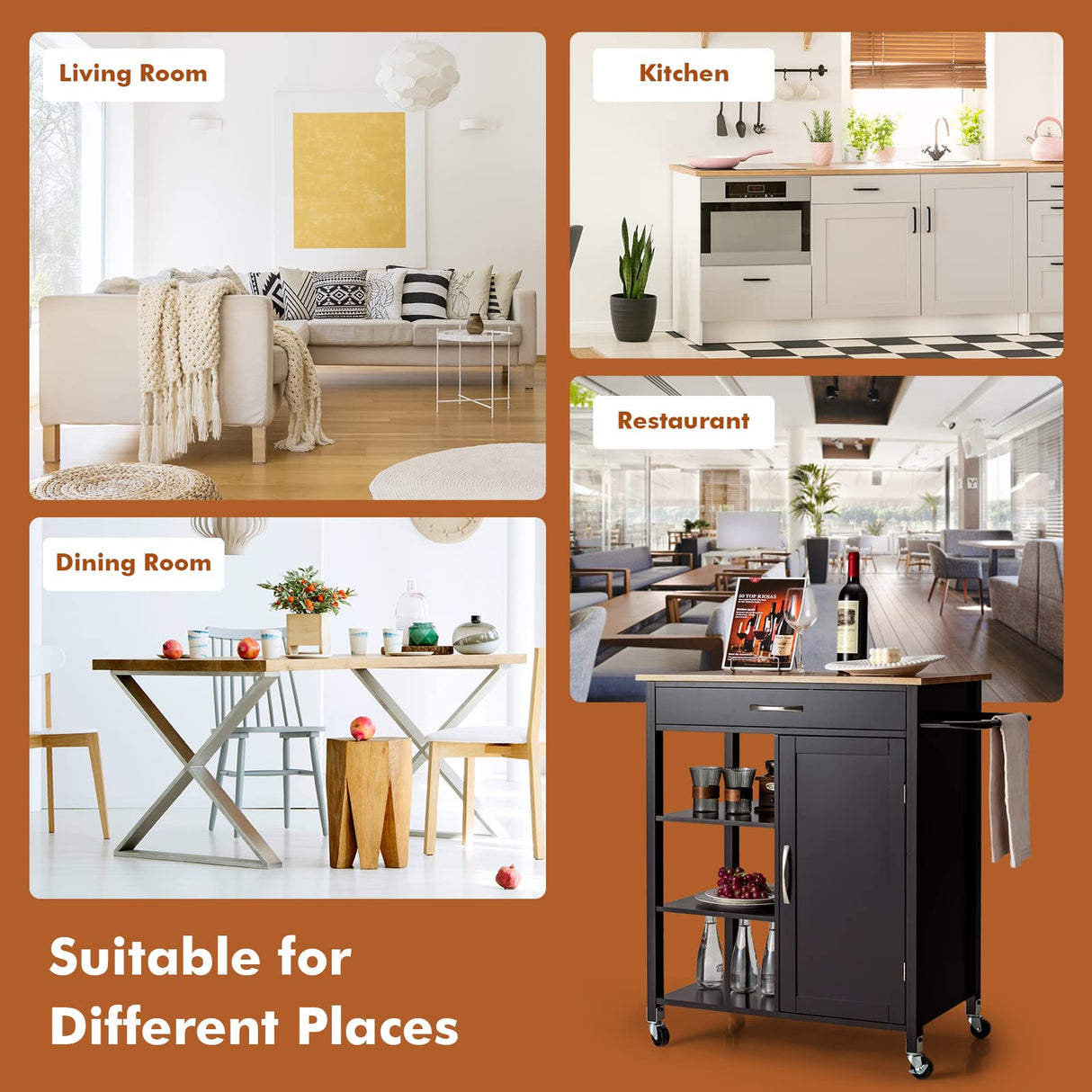 Kitchen Cart with Rubber Wood Top, Movable Kitchen Island with 3-Tier Open Shelf, Deep Drawer, Single Door Cabinet, Rolling Serving Cart for Kitchen Dining Room Bar (Brown)