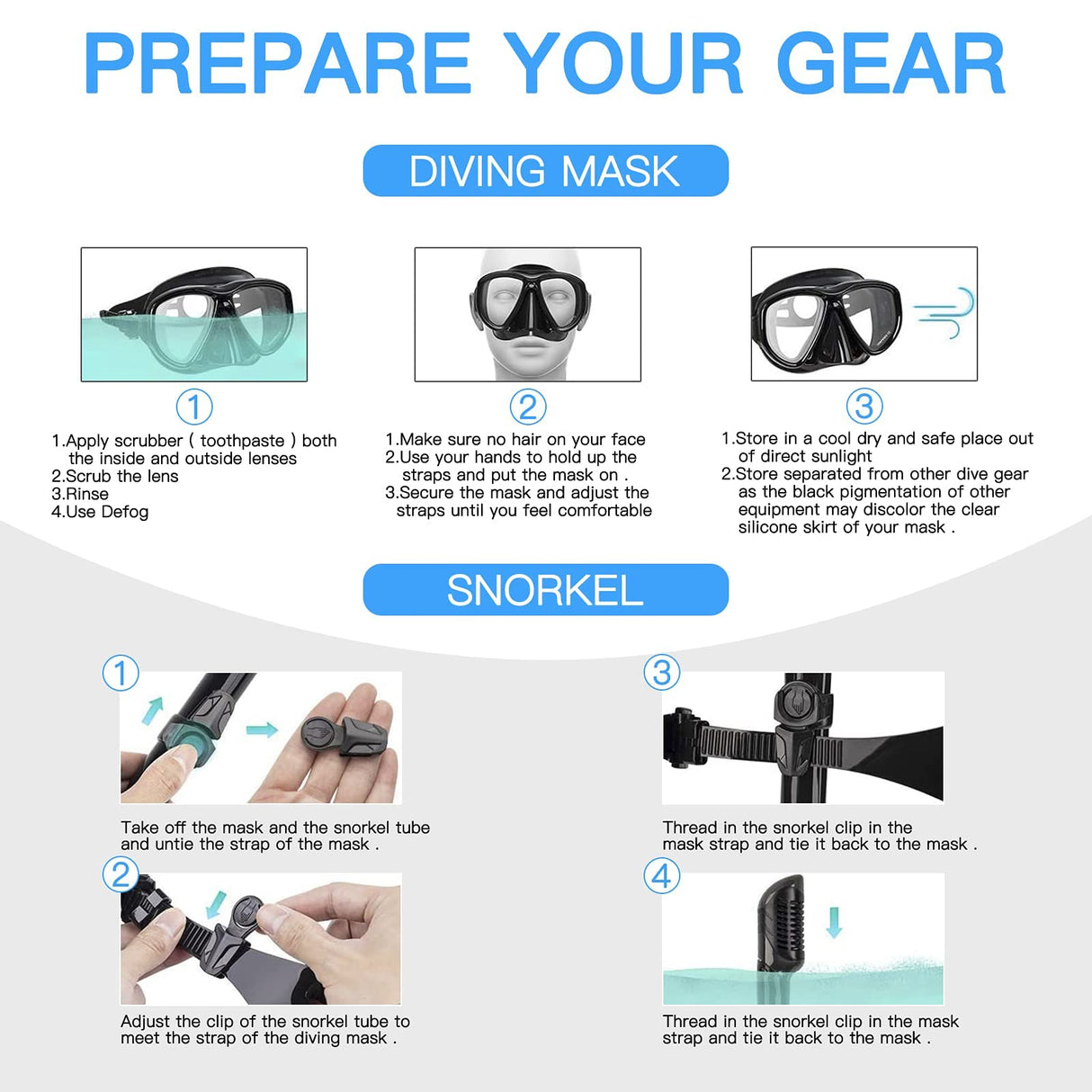 Snorkel Mask Snorkel Set Snorkeling Goggles Free Breath Dry Top Set Snorkeling Gear Anti-Fog and Anti-Leak 180 Degree Panoramic View Swimming Goggles Waterproof Durable Tempered Glass Mask for Adults