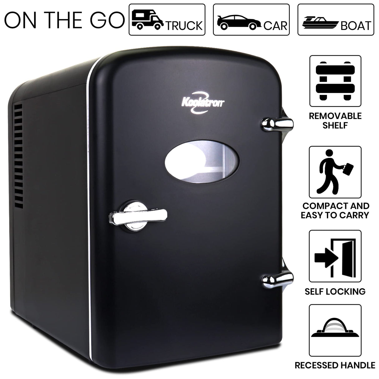 Koolatron Retro 4L 6 Can Portable Mini Fridge, Compact Car Refrigerator, Skincare Cosmetic Beauty Makeup Personal Cooler 12V and AC Cords Desktop Accessory for Bedroom Home Office Travel (Black)