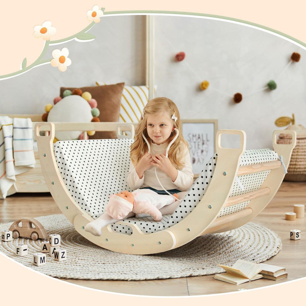 Kids Climber Arch Rocker with Cushion Pad Black,Montessori Climber Indoor Climbing Toys for Kids, Arch Climber Wooden Indoor Playground for Climbing (Small Arch Climbing with Cushion)