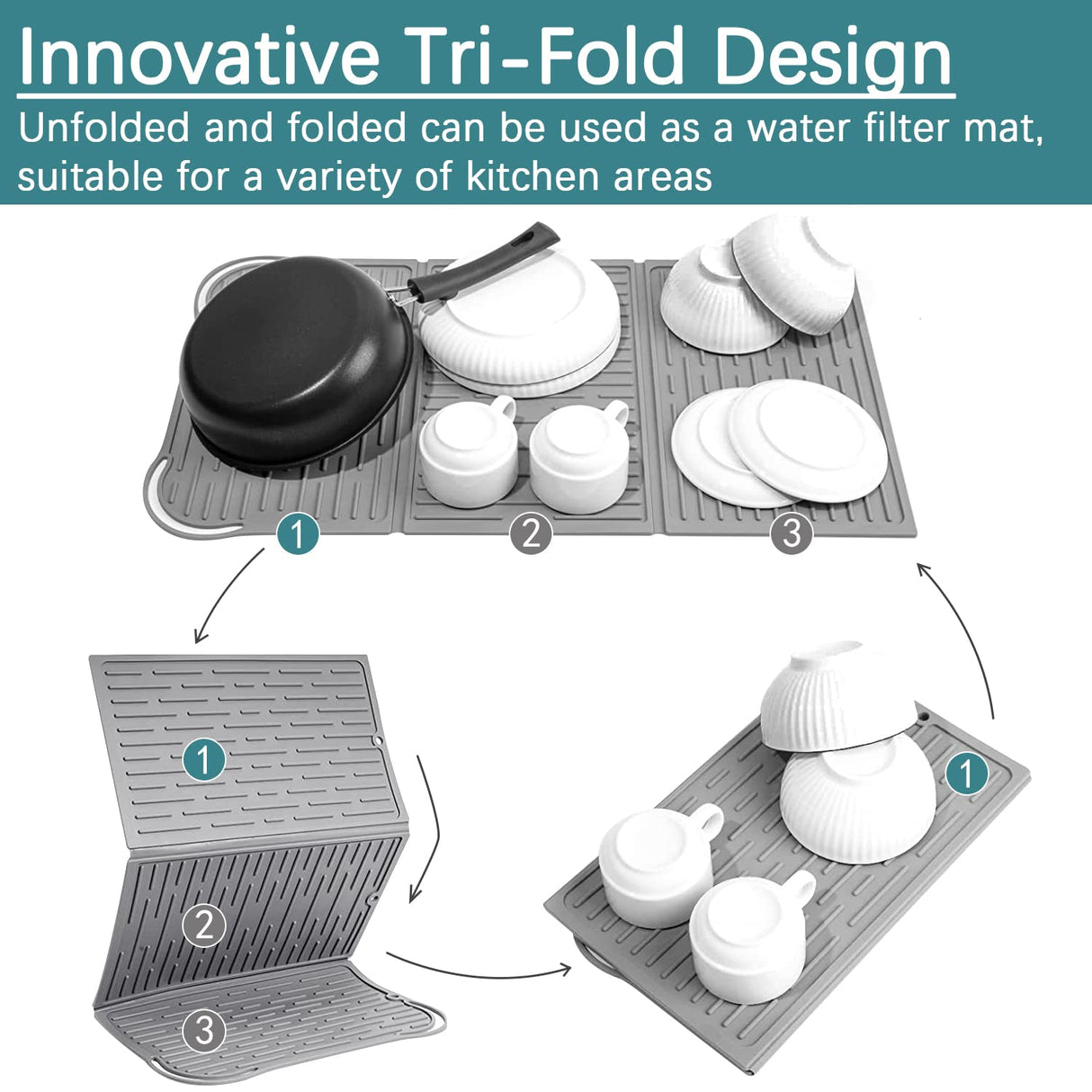 Silicone Mat Dish Drying Mat Silicon Draining Mat Folding Dish Drying Mat Tri-fold Drying Mat Grey Anti-Skidding for Kitchen 24”x13”