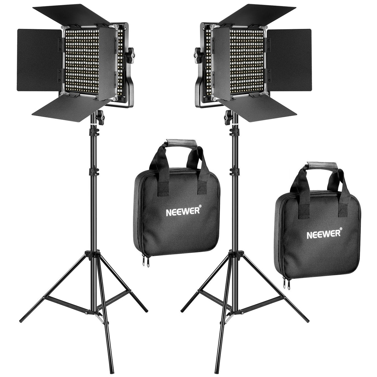 NEEWER 2 Pieces Bi-color 660 LED Video Light and Stand Kit Includes:(2)3200-5600K CRI 96+ Dimmable Light with U Bracket and Barndoor and (2)75 inches Light Stand for Studio Photography, Video Shooting