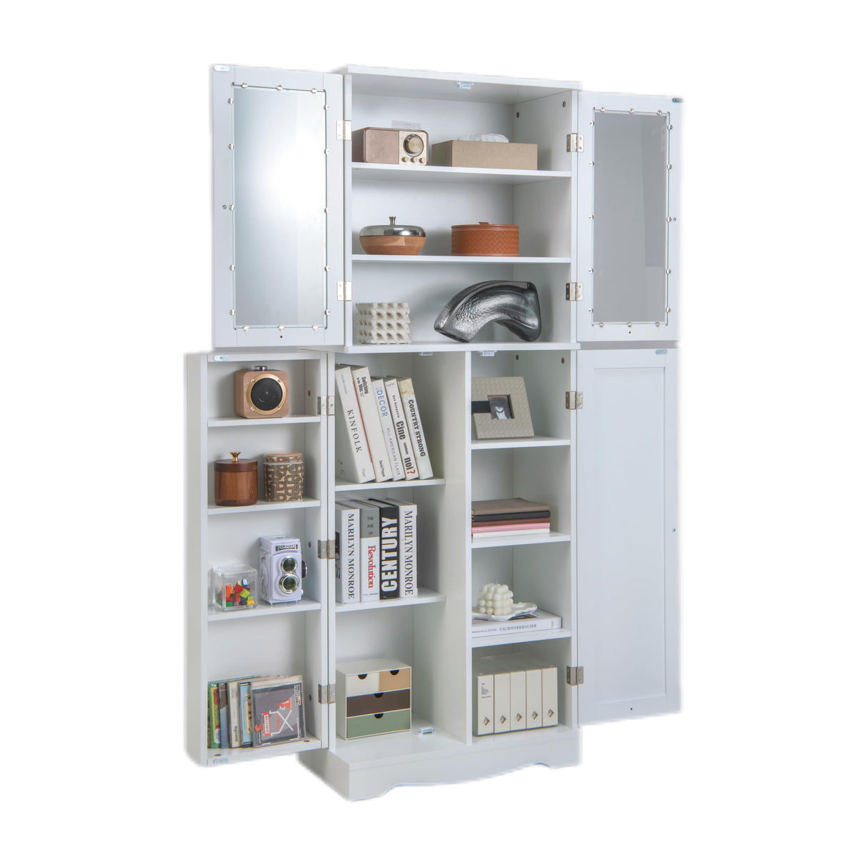 Tall Buffet Sideboard, Kitchen Pantry Cabinet with Dual Tempered Glass Doors & Shelves, Extra Door Racks, Anti-Toppling Design, Freestanding Cupboard for Dining Room Living Room, White