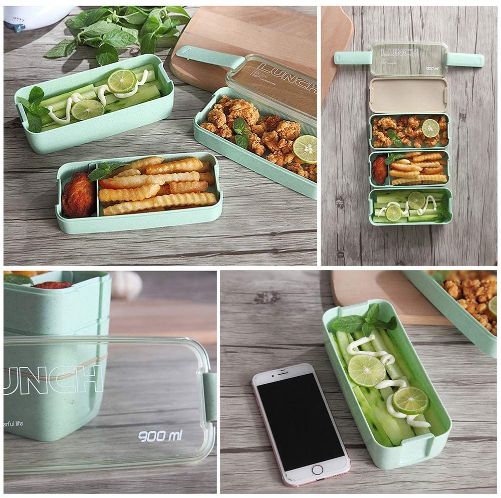 Bento Box Japanese Lunch Box, 3-In-1 Compartment, Wheat Straw, Leak-proof Eco-Friendly Bento Lunch Box Meal Prep Containers for Kids and Adults (Green)