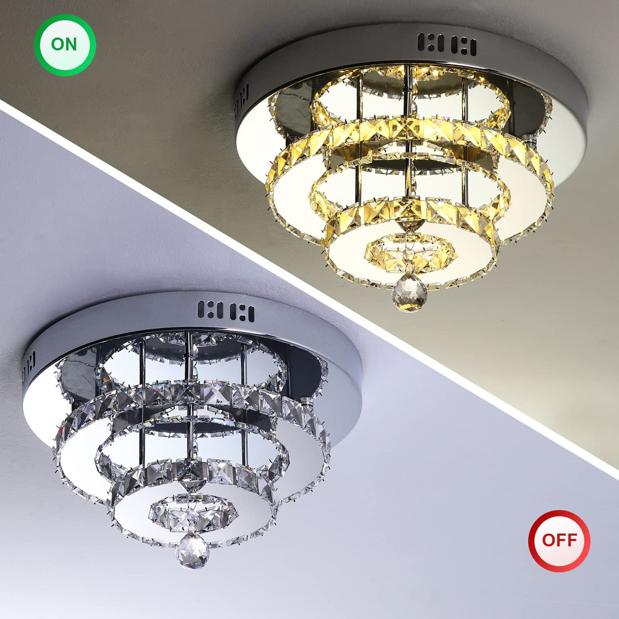 Crystal LED Ceiling Light, Ceiling Crystal Lamp Stainless Steel K9 Modern Flush Mount Lights Fixture 2 Layers Round Chandelier Ceiling Lamp for Dining Room Living Room Bedroom