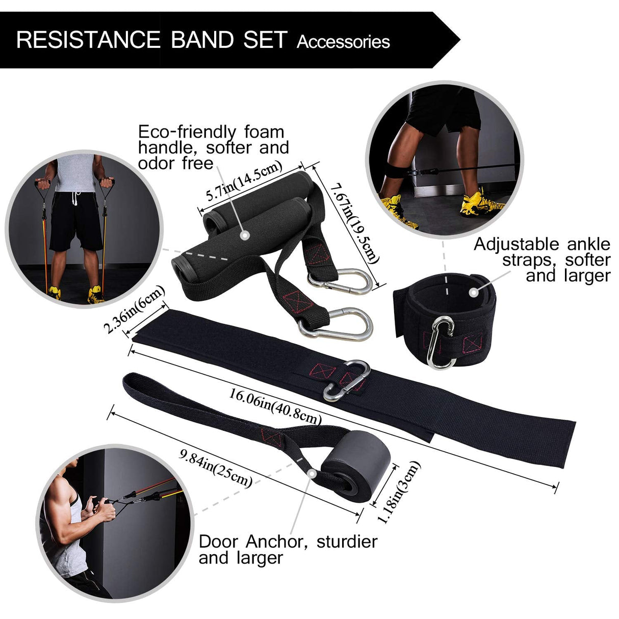 Exercise Resistance Bands with Handles - 5 Fitness Workout Bands Stackable up to 110 - 150 lbs, Training Tubes with Large Handles, Ankle Straps, Door Anchor Attachment, Carry Bag