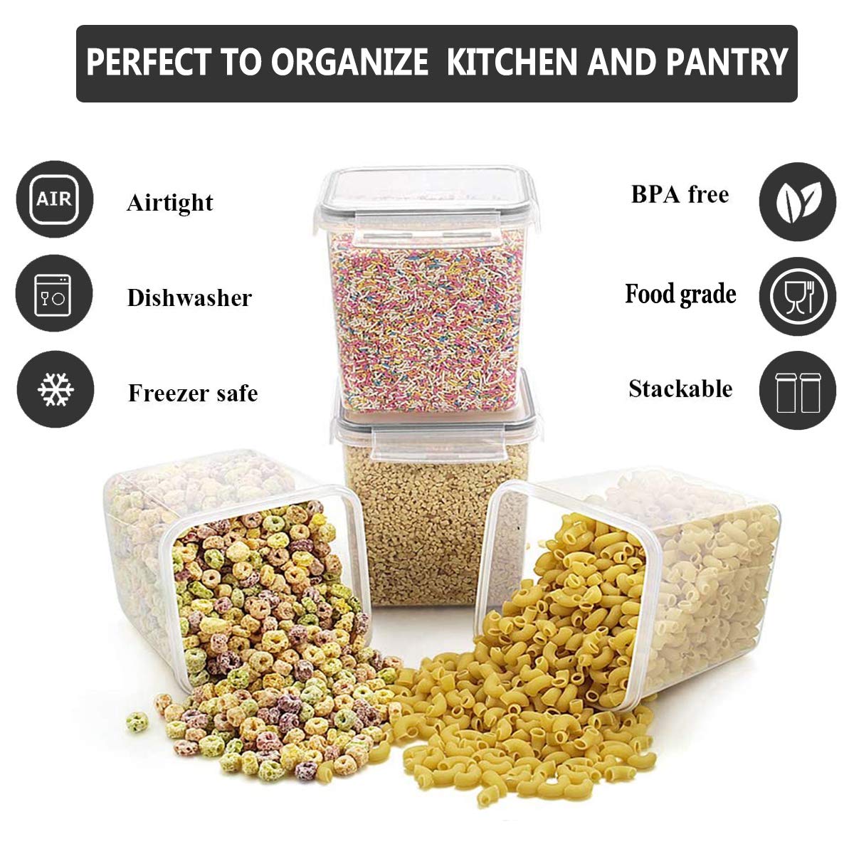 Large Food Storage Containers 8 Pieces - YORUKAU BPA Free Pantry & Kitchen Organization Containers with Black Airtight Lids - Dishwasher Safe - Sugar, Flour, Cereal Container - Plastic Storage Bins