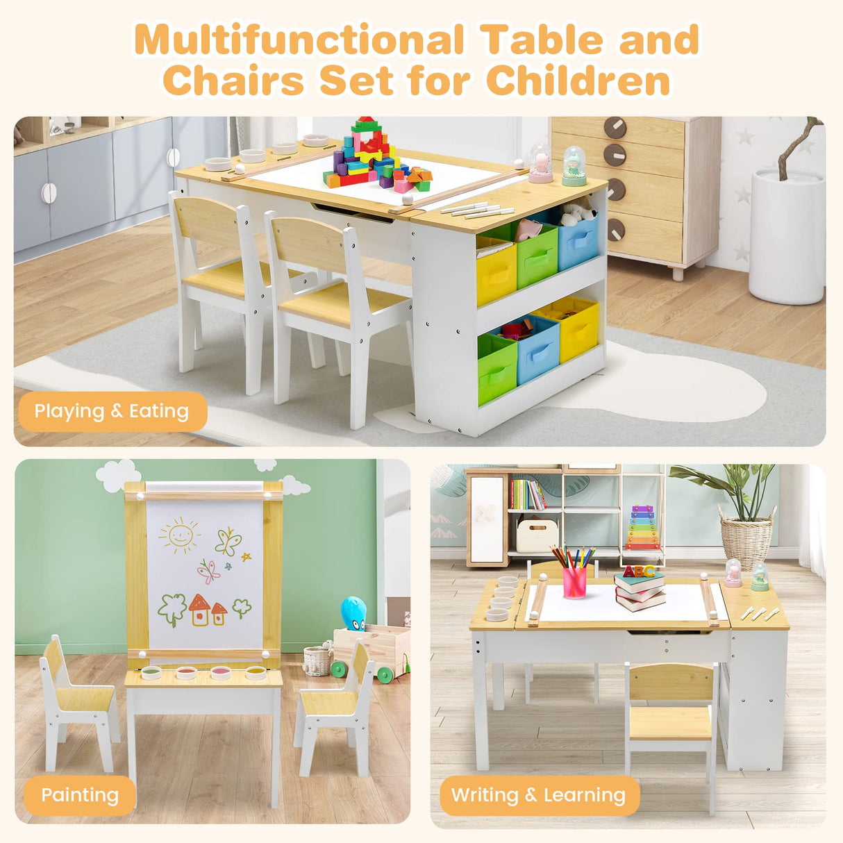 Kids Table and Chairs Set, 2 in 1 Wooden Art Table & Easel Set for Children with 2 Chairs, 6 Storage Bins, Paper Roller, Paint Box, Toddler Table Chairs Set for Playing Painting Learning