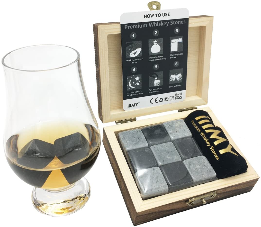Whisky Stones Gift Set of 9 Natural Soapstone and Granite Chilling Rocks with Stylish Wooden Box and Free Velvet Pouch