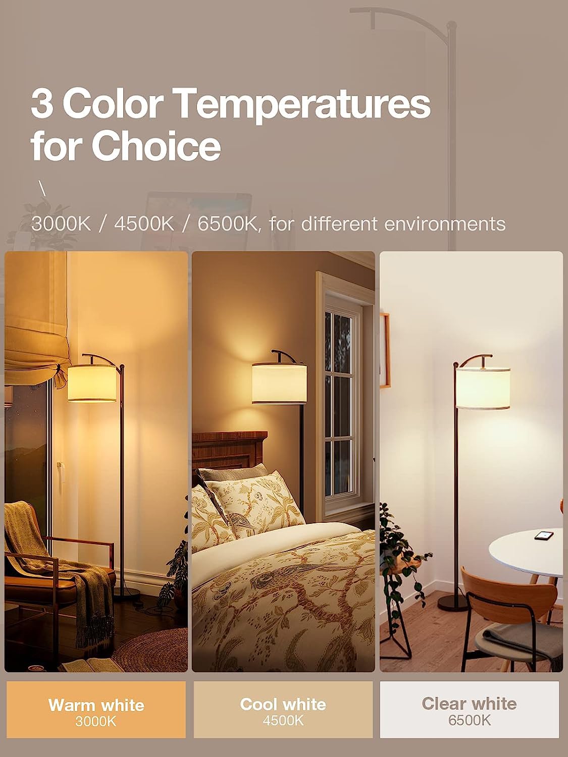 LED Floor Lamp, Montage Arc Floor Lamp with Big Linen Lampshade, Classic Tall Standing Lamp Reading Light with 3 Color Temps 9W LED Bulb, Floor Lamps for Living Room Bedroom (Black)