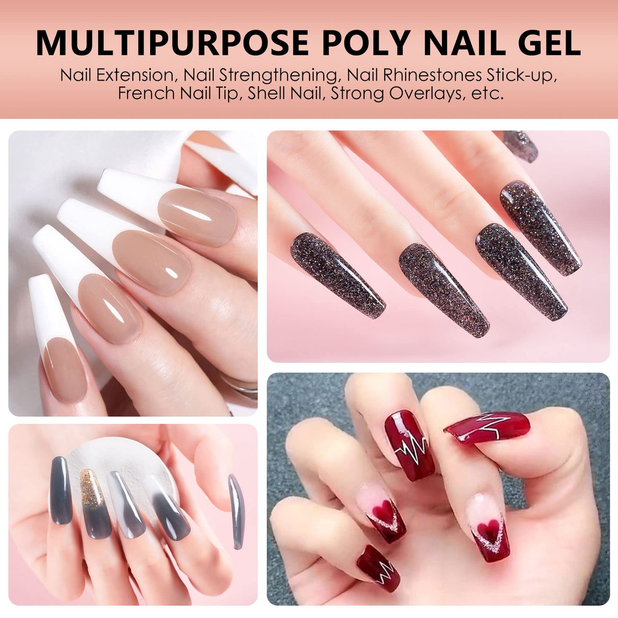 Poly Gel Nail Kit with Lamp, Warm Colors Quick Nail Extension Enhancement Gel Professional Poly Gel Kit for Starters and Technician DIY French Ombre Nails
