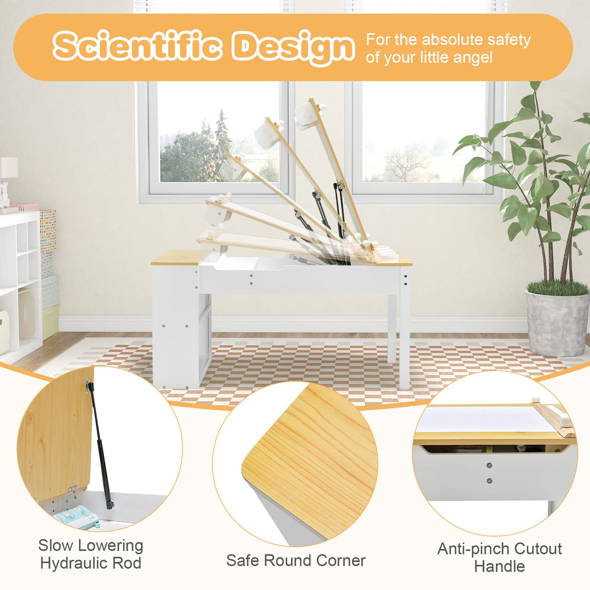 Kids Table and Chairs Set, 2 in 1 Wooden Art Table & Easel Set for Children with 2 Chairs, 6 Storage Bins, Paper Roller, Paint Box, Toddler Table Chairs Set for Playing Painting Learning