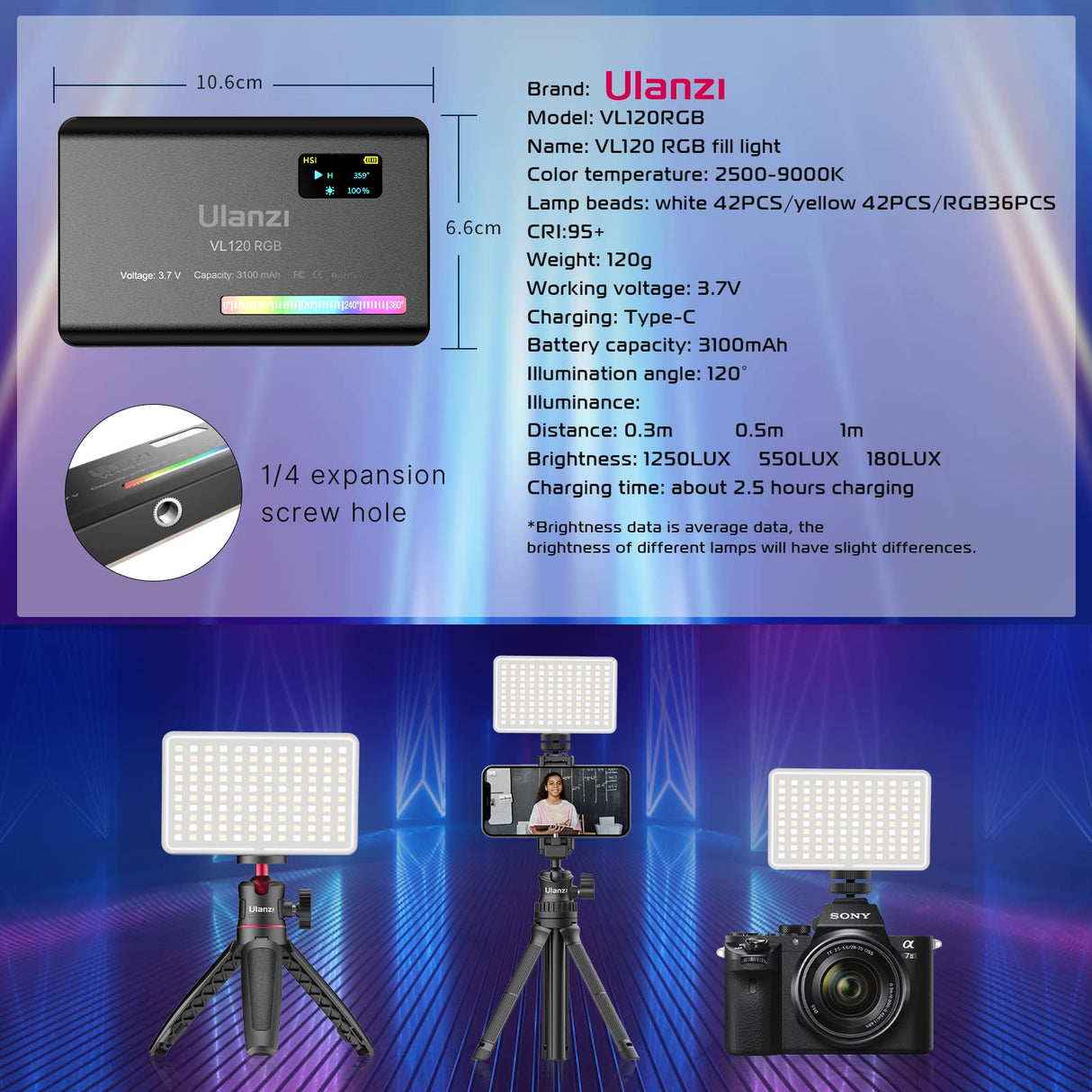 VL120 RGB LED Video Light, 360° Full Color Portable Camera Light, CRI 95+ 2500-9000K Dimmable Panel Lamp w LCD, 3100mAh Rechargeable DSLR Lighting for Vlogging, Photography, Video Conference