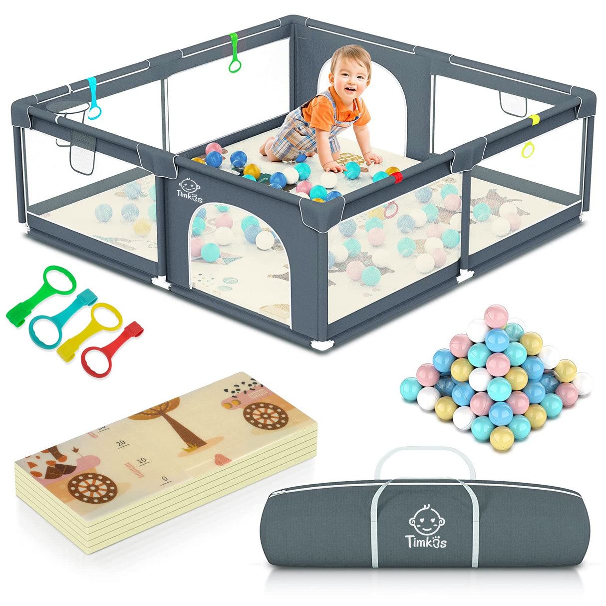 Baby Playpen with Mat, Baby Play Gym Extra-large Playpens Play Mat with 50 Balls Pit, 4x handlers, Baby Play Gates with Basket Net, Play Yard for Toddler Babies with Breathable Mesh (155*185*66cm)