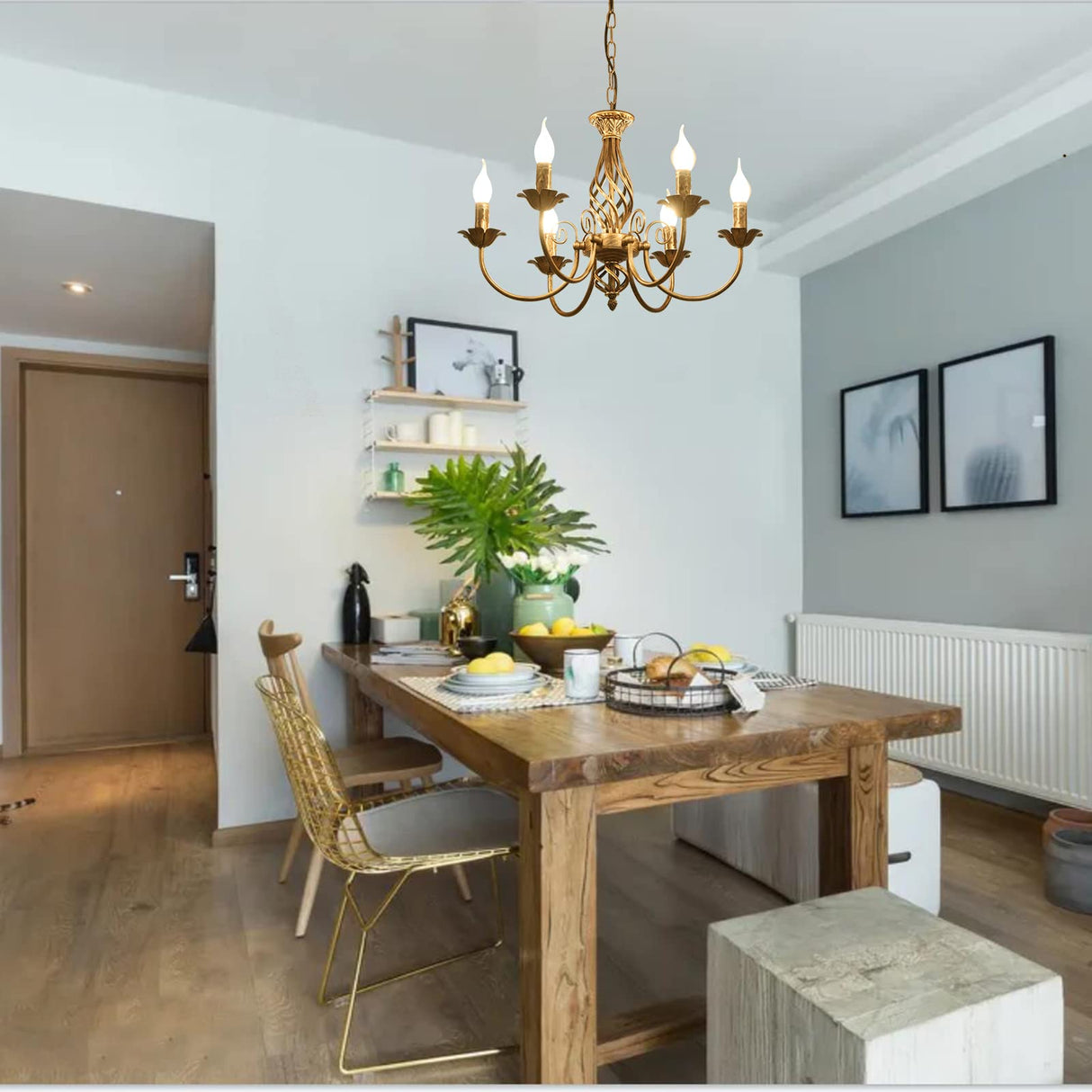 French Country Chandelier, Rustic 6 Light Bronze French Country Pendant Light Fixture, Vintage Metal Chandelier for Dining Room Kitchen Living Room Bedroom Hallway, E14 Base