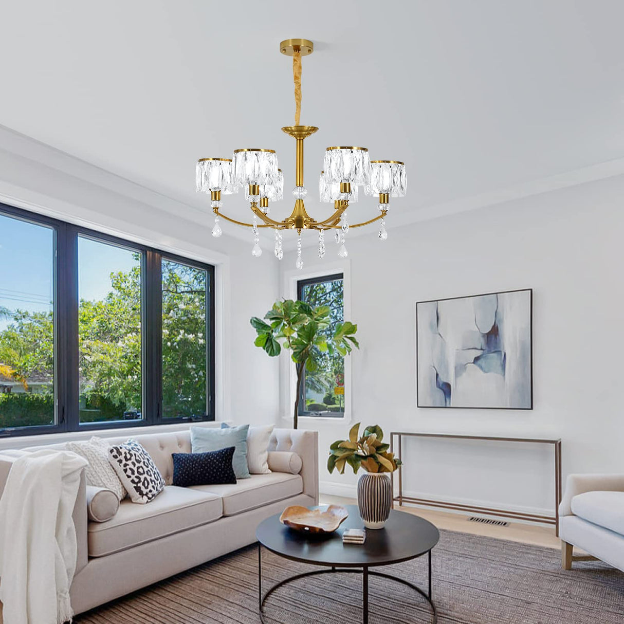 Ganeed Gold Chandelier,6 Lights Wagon Wheel Chandeliers with Clear Crystal Shades,Modern Mid Century Hanging Pendant Light Fixture for Dining Room Living Room Bedroom(E14 Base)