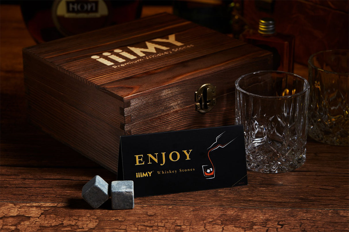 Whisky Stones and Glasses Gift Set, Whisky Rocks Chilling Stones in Handmade Wooden Box– Cool Drinks without Dilution – Whisky Glasses Set of 2, Gift for Dad, Husband, Men – iiiMY