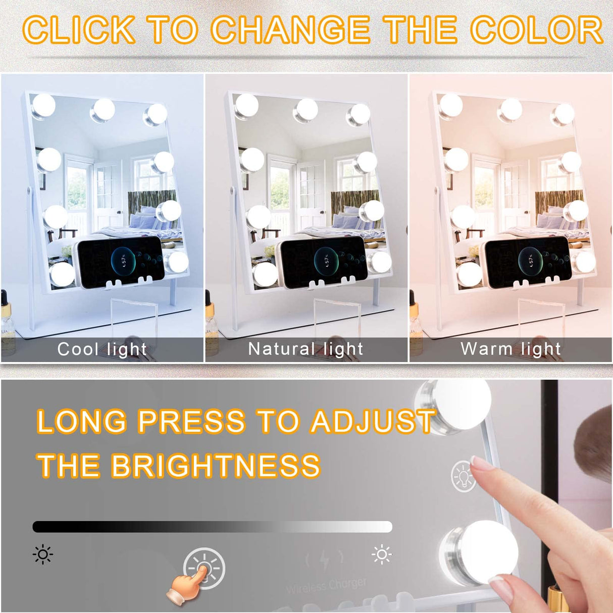 White Hollywood Vanity Mirror with Lights 9 Dimmable Bulbs Wireless Charger Bluetooth Speaker Makeup Mirror with Smart Touch Control for Glam Room Bedroom Detachable 10X Magnification