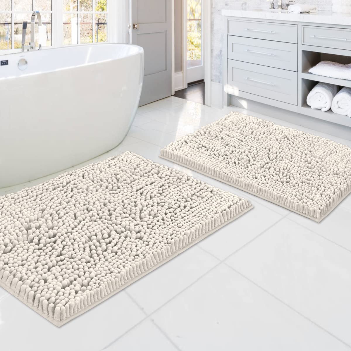 PrinceDeco Bathroom Rugs Bath Mats for Bathroom Non Slip Chenille Bathroom Rug Mat and Absorbent Shaggy Rugs Washable Dry Fast Plush Area Carpet Mats - (2 PCS - 51cm x 81cm / 43cm x 61cm), Ivory