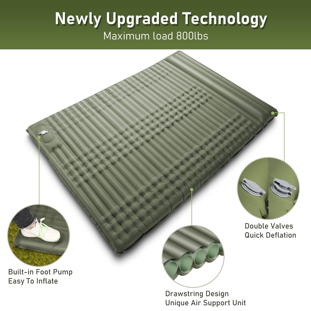 Double Sleeping Pad for Camping, 4" Ultra-Thick Self Inflating Camping Pad 2 Person with Pillow Built-in Foot Pump Camping Sleeping Mat for Backpacking, Hiking, Portable Camping Pad