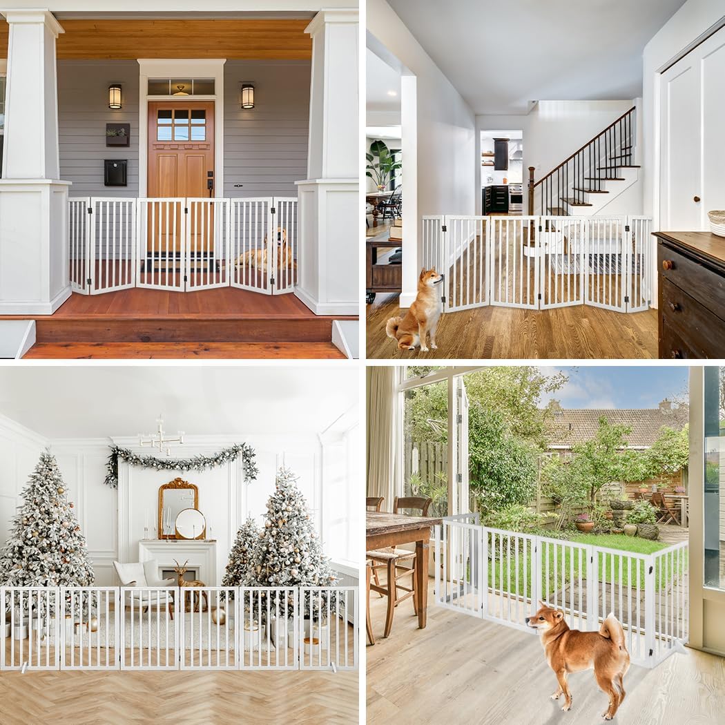 Wooden Pet Gate Dog Fence Retractable Safety Stair Barrier Security Door (White Large-282cm x 80cm x 1.8cm)