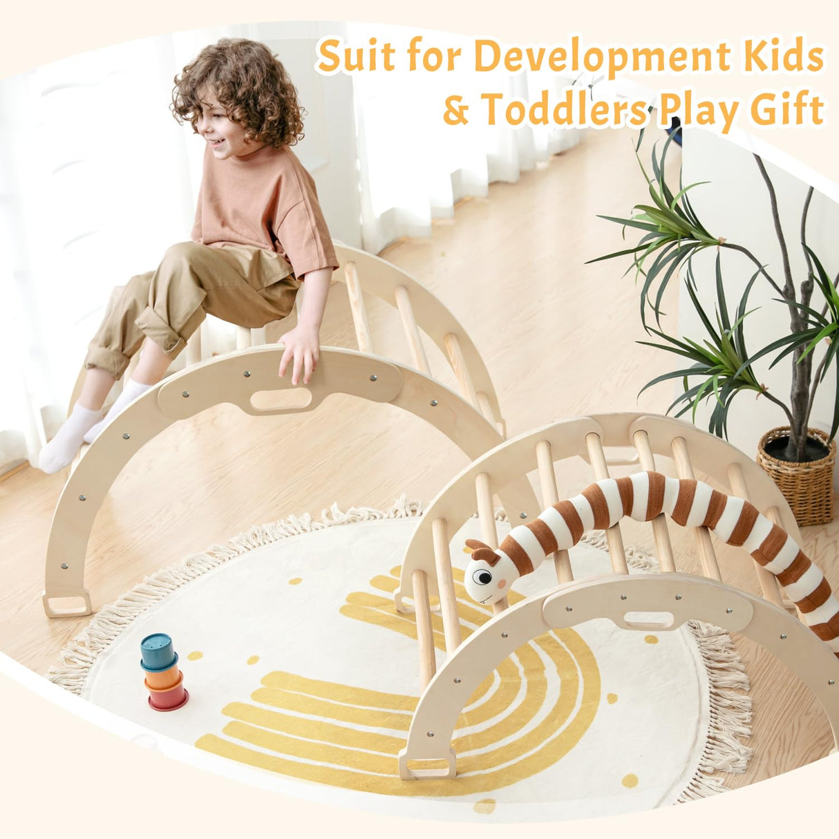 Kids Climber Arch Rocker with Cushion Pad Black,Montessori Climber Indoor Climbing Toys for Kids, Arch Climber Wooden Indoor Playground for Climbing (Small Arch Climbing with Cushion)