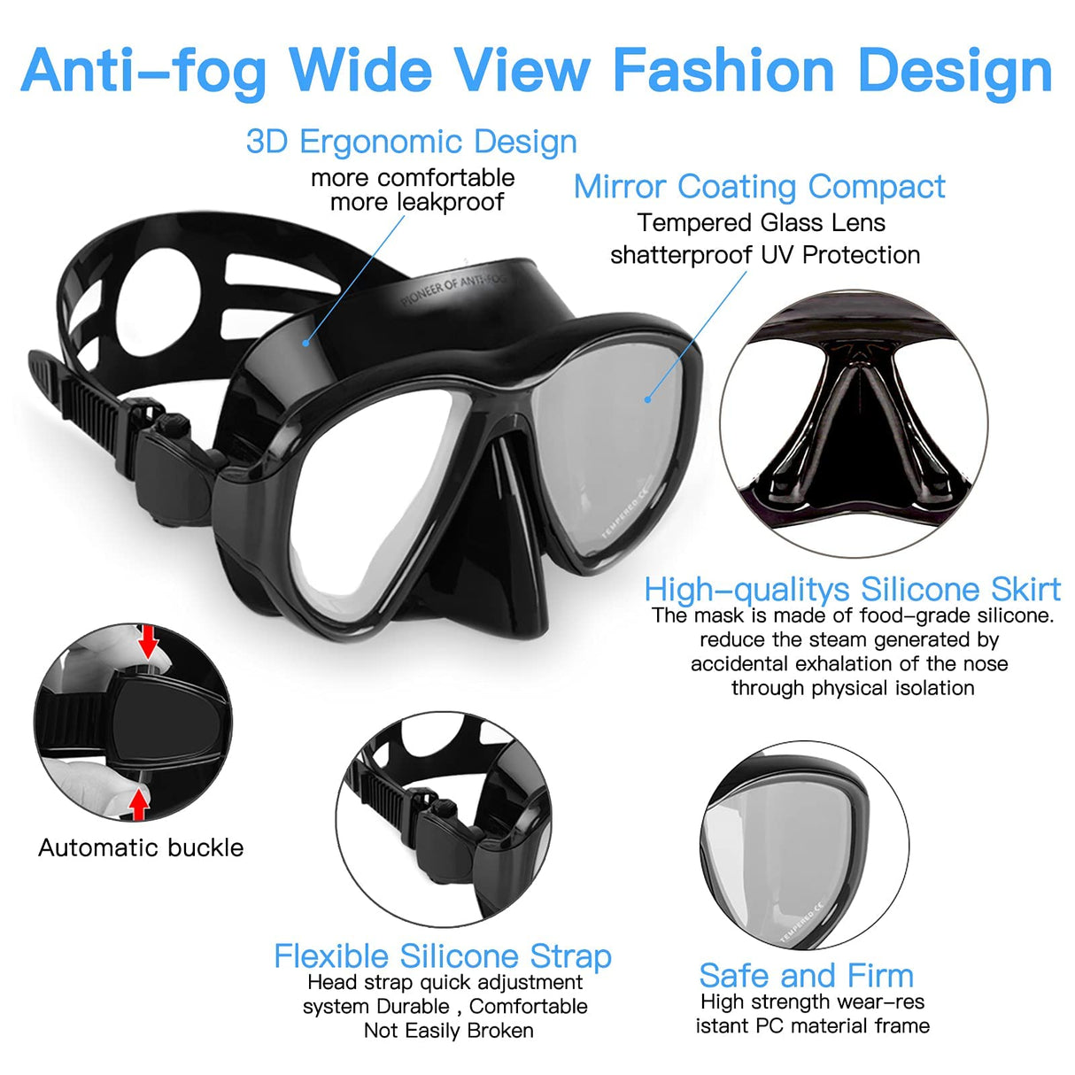 Snorkel Mask Snorkel Set Snorkeling Goggles Free Breath Dry Top Set Snorkeling Gear Anti-Fog and Anti-Leak 180 Degree Panoramic View Swimming Goggles Waterproof Durable Tempered Glass Mask for Adults