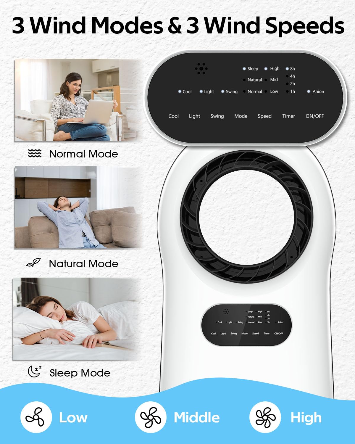 Evaporative Air Cooler, Bladeless Cooler Fan with 3 Modes 3 Speeds Air Conditioner Fan for Bed Room, Office, 3L Water Tank, 8H Timer, 120° Oscillating, 2 Ice Boxes