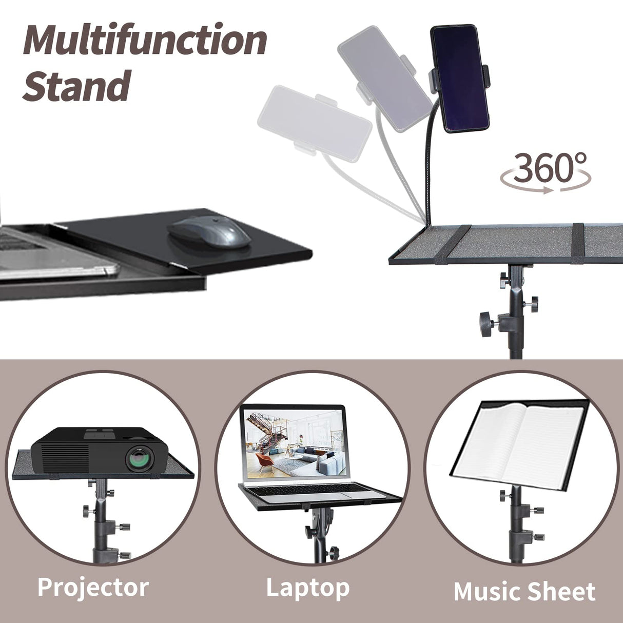 Universal Projector Stand Bracket with Wheels- - Laptop Tripod Adjustable Height 28.5 to 73 Inch with Removable Mouse Tray and Phone Holder, DJ Racks ,Outdoor Movies or Computer Desk Stand