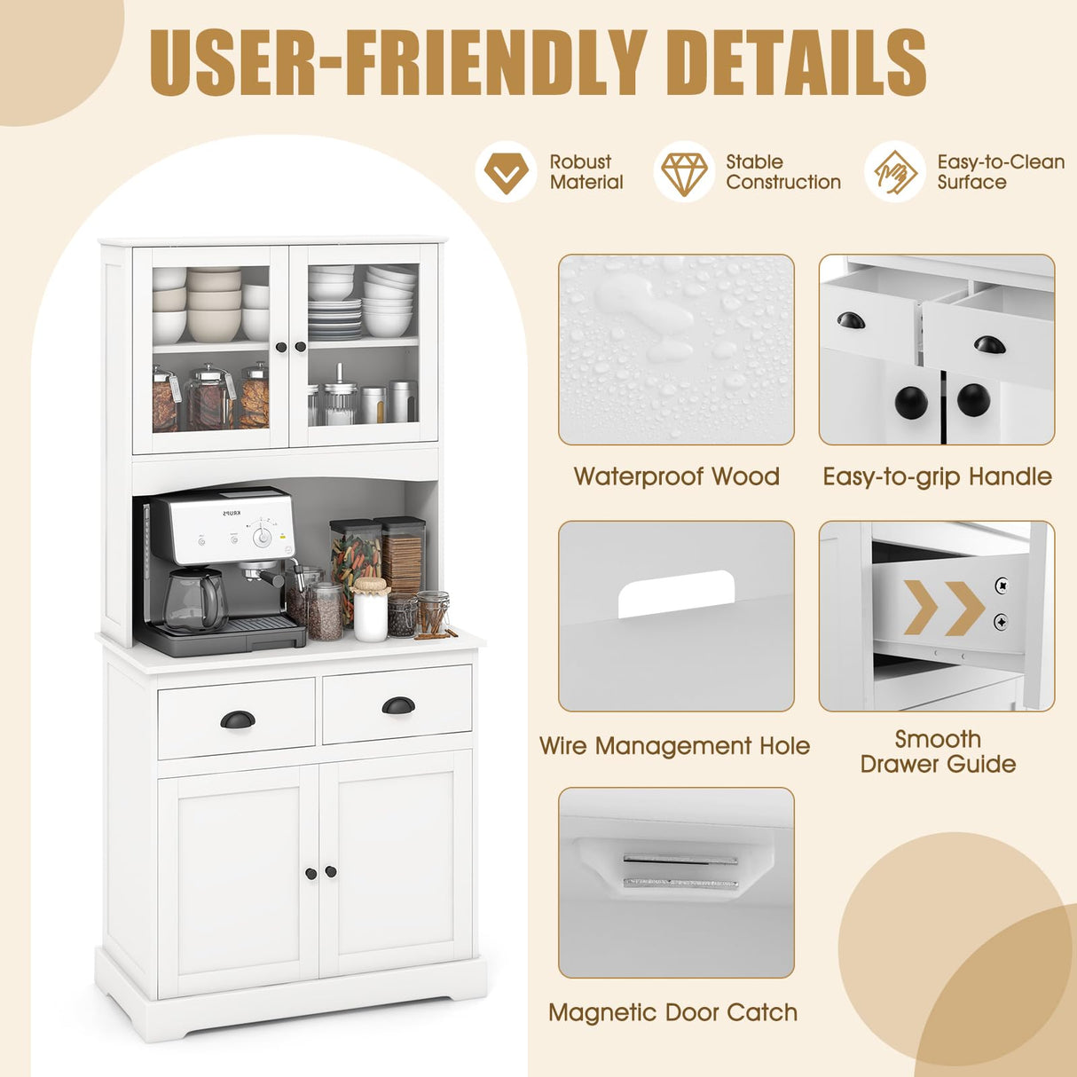 Tall Storage Cabinet, Freestanding Kitchen Pantry w/Microwave Stand & 2 Drawers, Adjustable Shelves, Tempered Glass Doors, Cable Hole for Living Room, Dining Room (White)